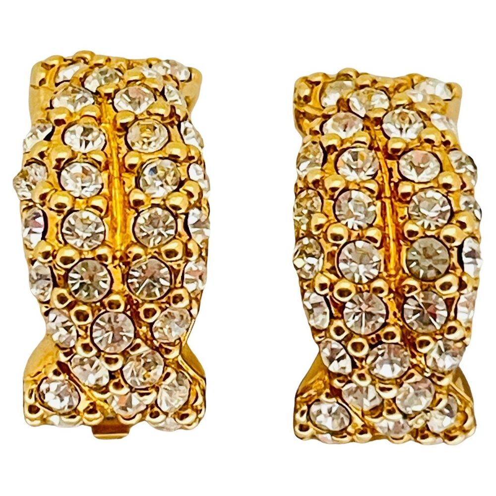 SWAROVSKI signed vintage gold plated crystals designer runway clip on earrings